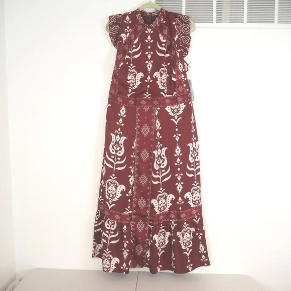 Lane Bryant Burgundy‎ Floral Print Maxi Dress Flutter Sleeve Mock Neck Size 16 - Picture 4 of 13